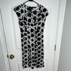 Banana Republic Black White Geometric Silk Cotton Knee Dress V-Neck XS Petite